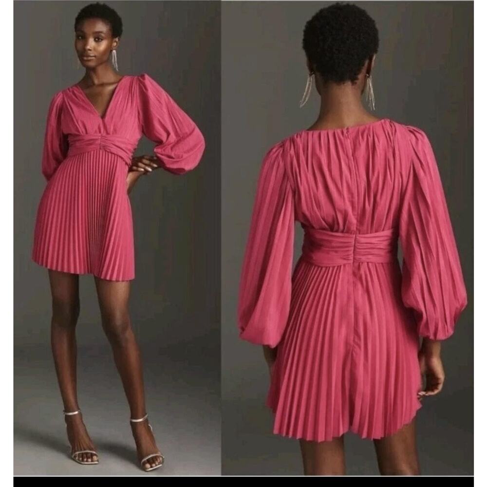 Aureta X Anthropologie Dress Womens Large Pink Pleated Balloon Sleeve Mini